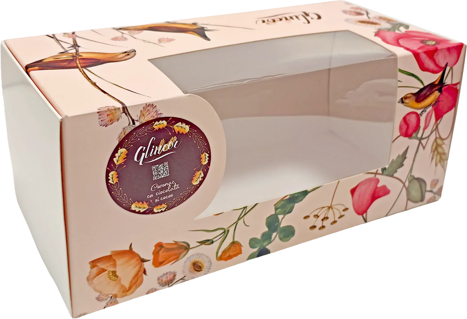 Cake box with a clear window and floral print