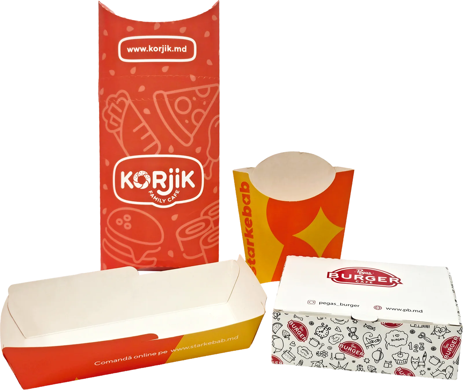 Упаковка для картошки фри и лоток Star Kebab рядом с фастфуд-упаковкой других заказчиков Pergament